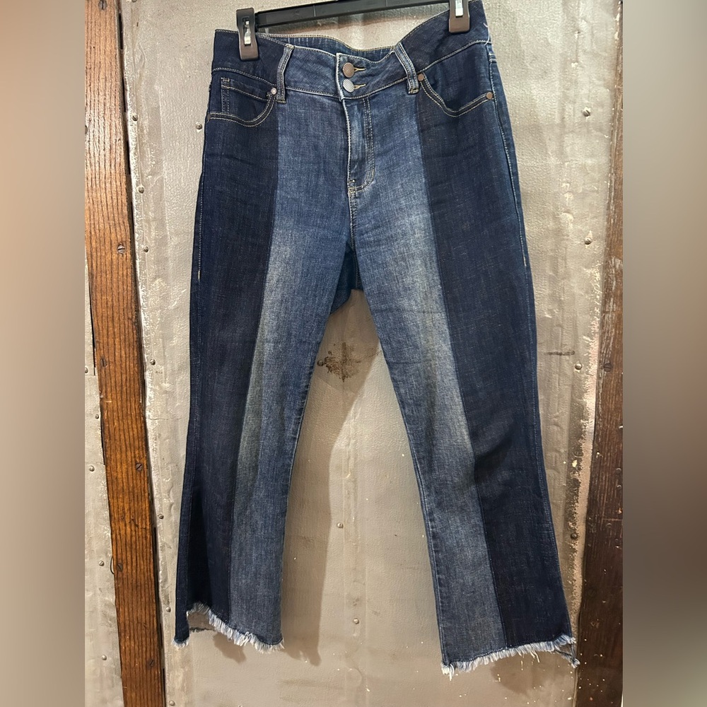 Cabi High Low Crops  Dual Tone Denim Jeans